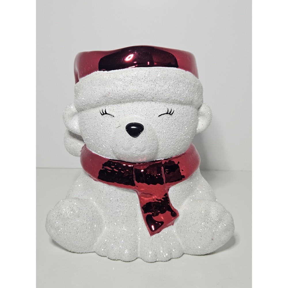 Bath & Body Works Glitter Polar Bear Santa Red Hat Scarf 3-Wick Candle Holder